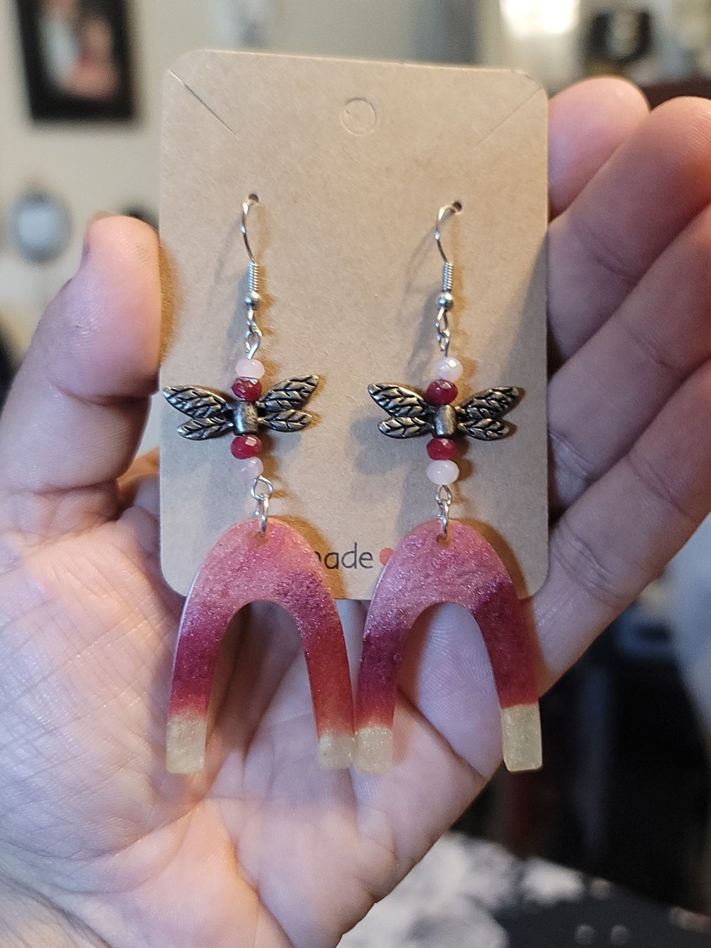 Handmade Pink to Crean Gradient Dragonfly Dangle Earrings